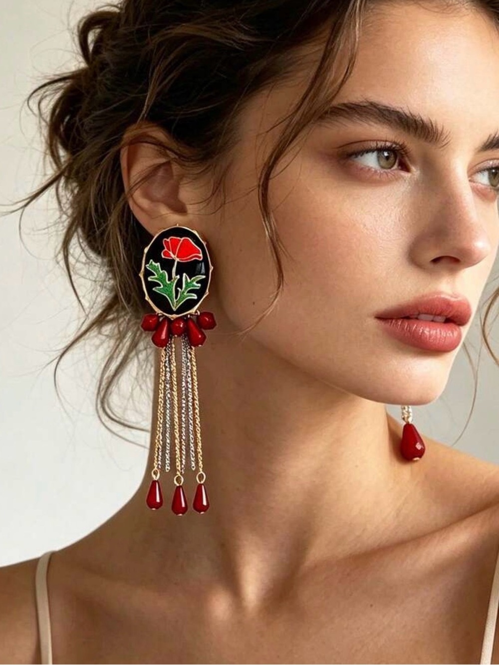 Red Floral Enamel Tassel Statement Earrings
